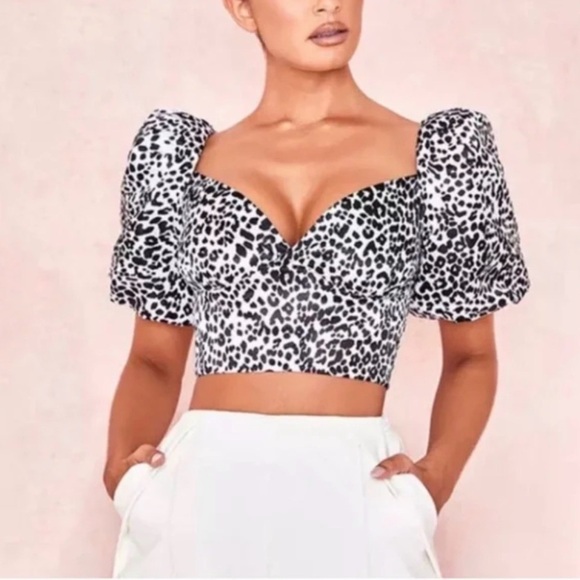 House of CB Tops - House of CB Lou Dalmation Print Puff Sleeve Crop Top Black & White Size XS/2-4